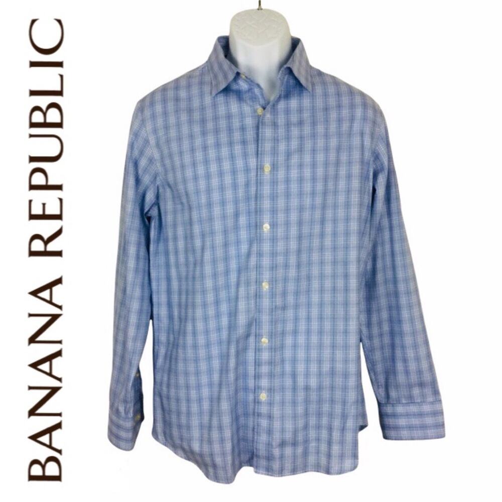 Banana Republic Blue Plaid Non-Iron Standard Fit Button Down Collar Med